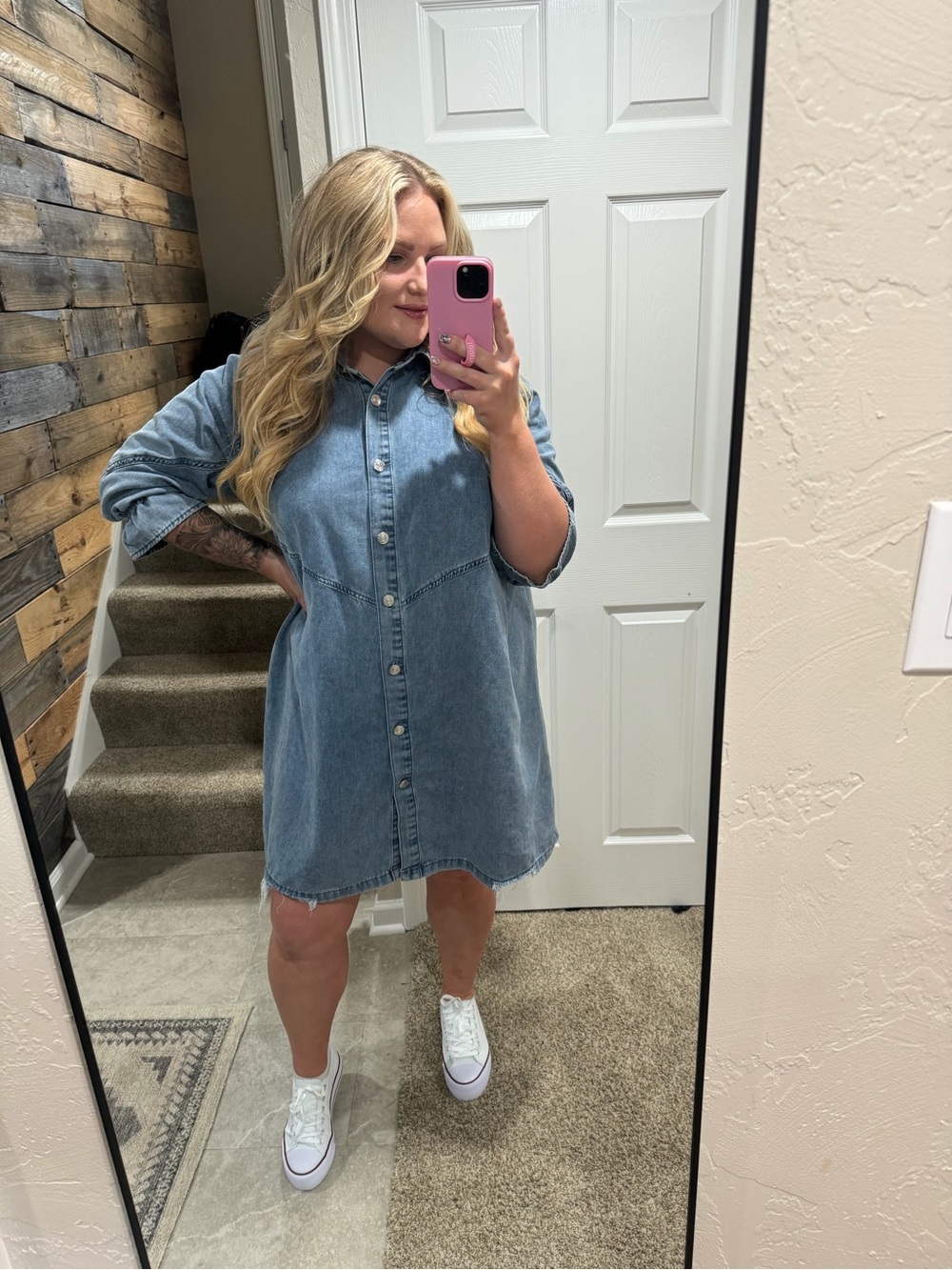 Denim Button-Front Mini Dress - Blue